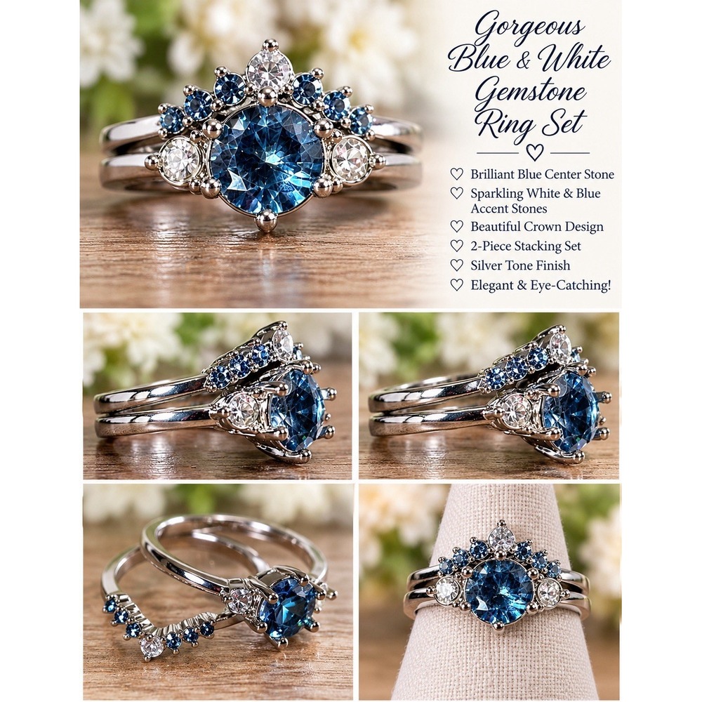 NWOT Aquamarine Blue CZ Round Cocktail Ring Band Set Rhodium Plated Size 7.75